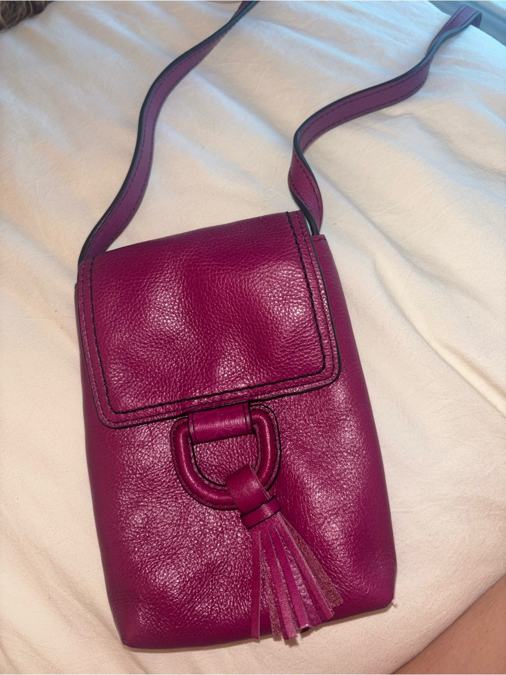 Fossil Raspberry Pebbled Leather Crossbody/Phone Bag with Tassel